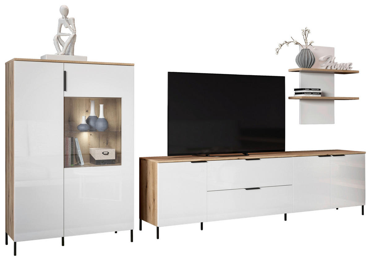 TV-Lowboard Austin 225 cm bela, barve hrasta  - črna/barve hrasta, Trend, kovina/steklo (225/63/40cm)