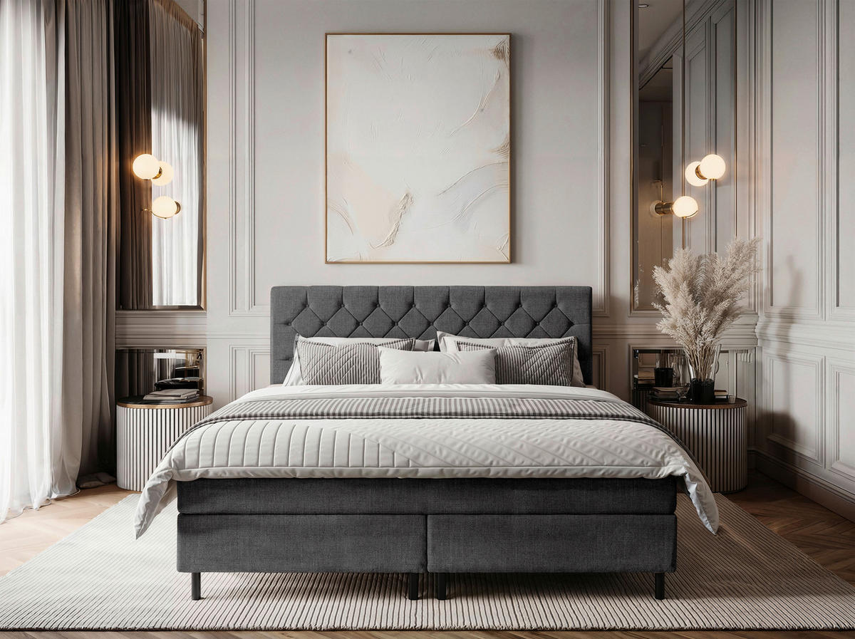 BOXSPRINGBETT 160/200 cm,  in Anthrazit, Matratze, Topper, H2 + H2 = mittel  - Anthrazit/Schwarz, KONVENTIONELL, Textil/Metall (160/200cm) - Chameo