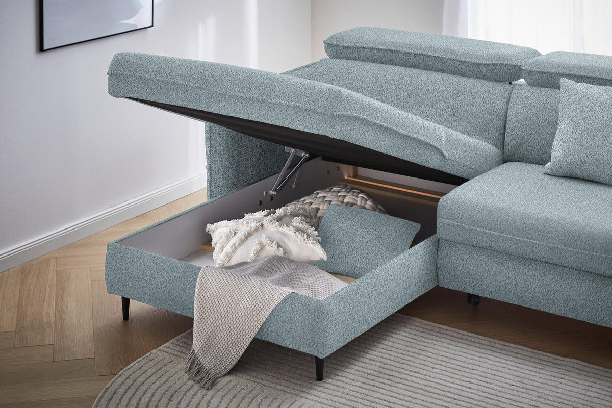 ECKSOFA inkl. Funktionen Graublau Flachgewebe  - Graublau/Schwarz, Design, Holz/Textil (185/232cm) - Stylife