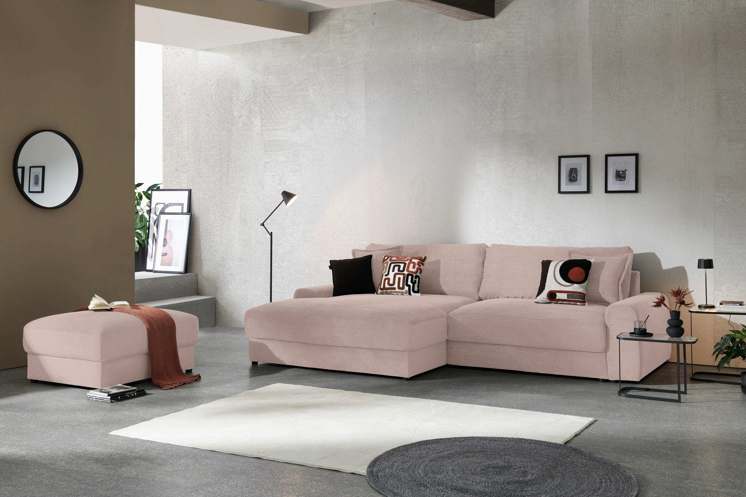 Thumbnail - Carryhome Ecksofa, Rosa, Textil, 3-Sitzer, Füllung: Schaumstoff,Hohlfaser, Ottomane links, L-Form, 300x180 cm, Rücken ec...