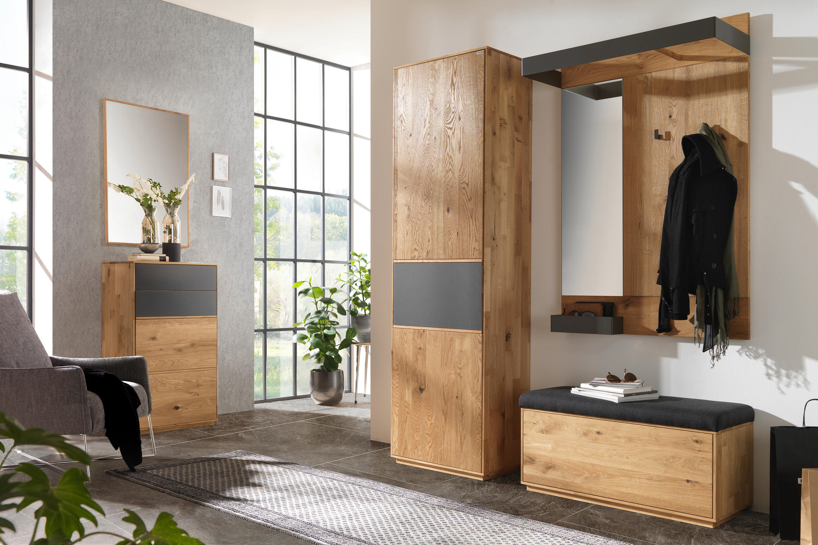 GARDEROBENBANK 90/45/38 cm  - Eichefarben/Anthrazit, Design, Holz/Textil (90/45/38cm) - Waldwelt