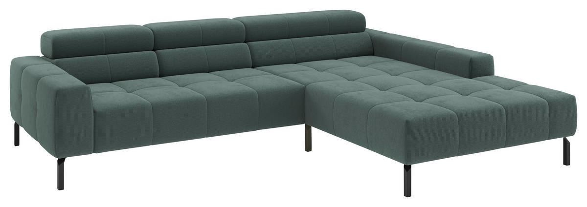 ECKSOFA Grün Feincord Rücken echt, Kopfteilverstellung, Sitztiefenverstellung  - Schwarz/Grün, KONVENTIONELL, Textil/Metall (293/226cm) - Hom`in