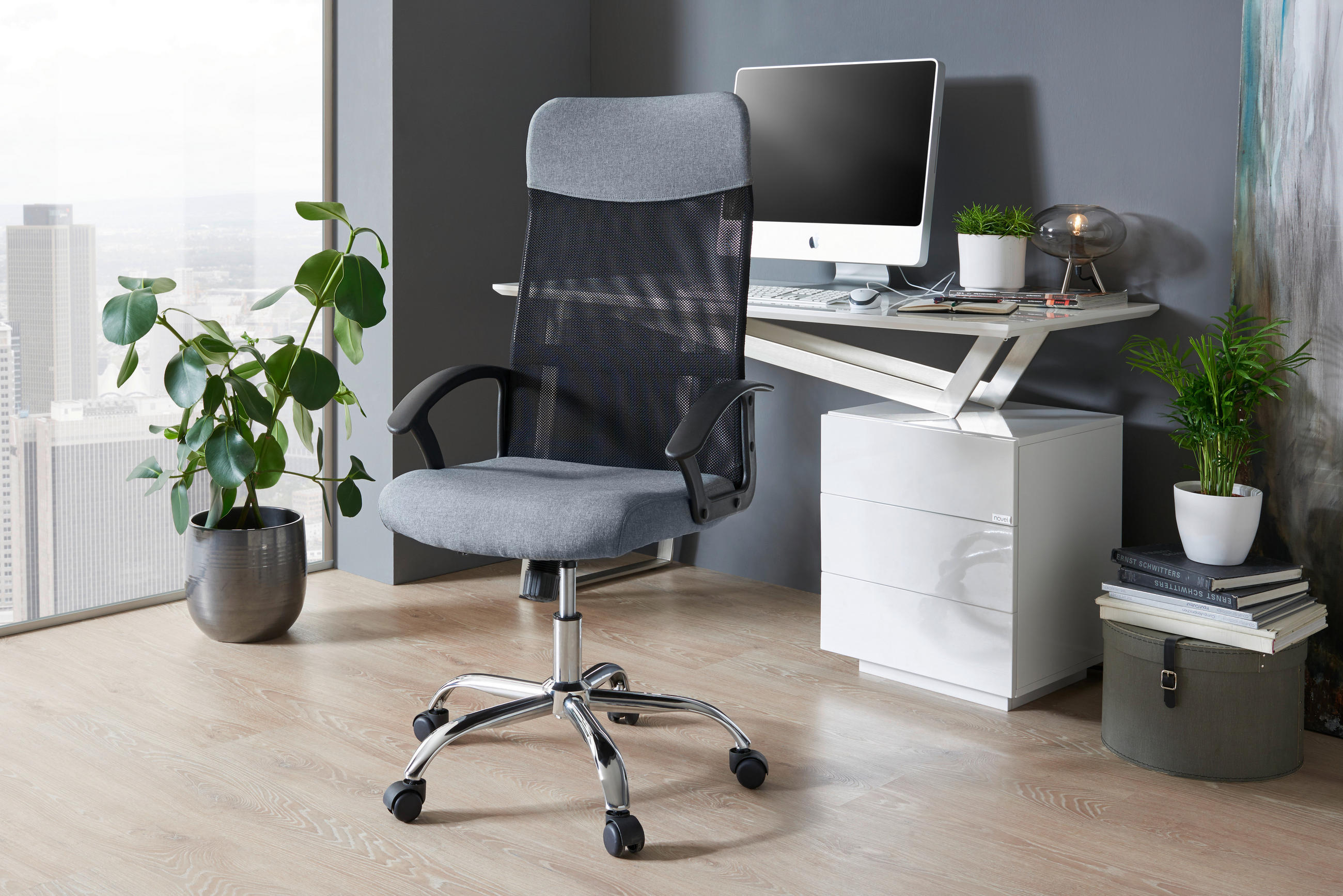 SCAUN ROTATIV  plasă tensionată, microfibră gri, negru  - culoare crom/negru, Design, plastic/metal (59,5/109,5-117/60cm) - Livetastic