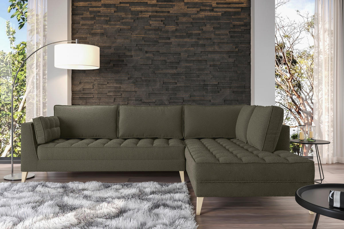 ECKSOFA in Bouclé Dunkelgrün  - Dunkelgrün/Naturfarben, Design, Holzwerkstoff/Textil (310/204cm) - MID.YOU