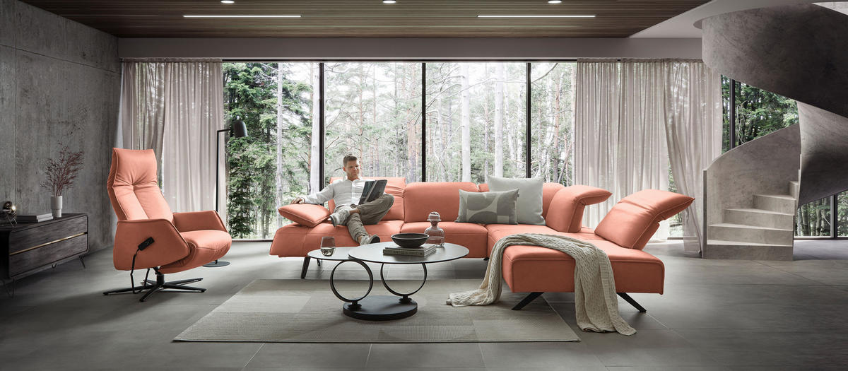 ECKSOFA Echtleder Lachsfarben  - Anthrazit/Lachsfarben, Design, Leder/Metall (290/230cm) - Johann Jakob