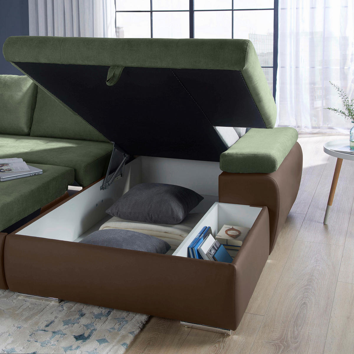 ECKSOFA Braun, Olivgrün Flachgewebe  - Braun/Olivgrün, Design, Kunststoff/Textil (271/175cm) - MID.YOU