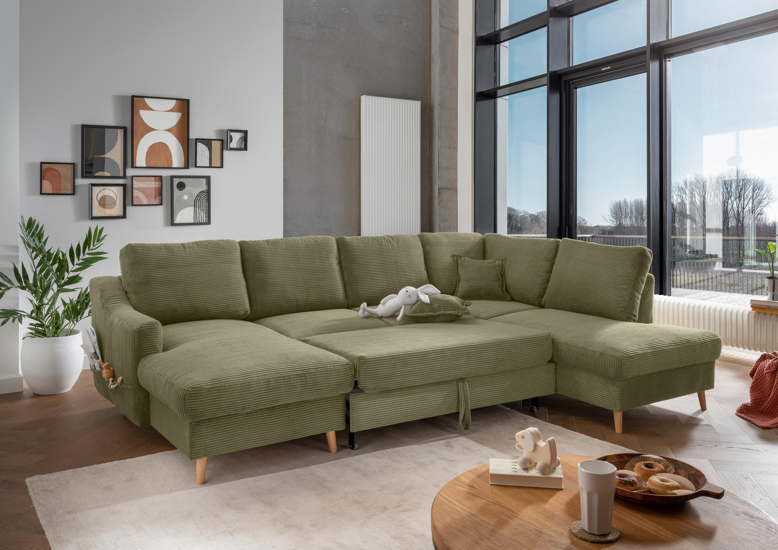 WOHNLANDSCHAFT in Cord Olivgrün  - Naturfarben/Olivgrün, KONVENTIONELL, Holz/Textil (150/301/200cm) - P & B