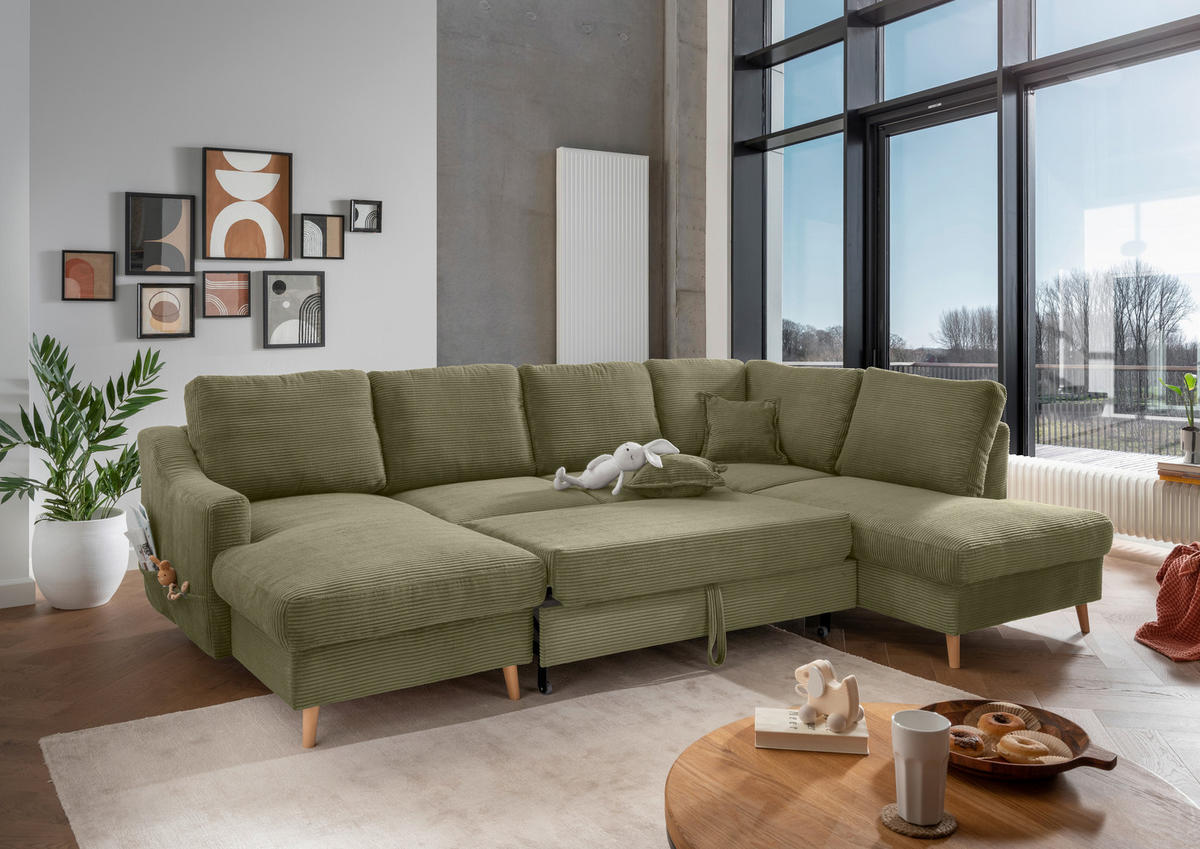 SALON PANORAMIQUE in Cord Olivgrün  - vert olive/bleu clair, Konventionell, textile/bois (150/301/200cm) - P & B