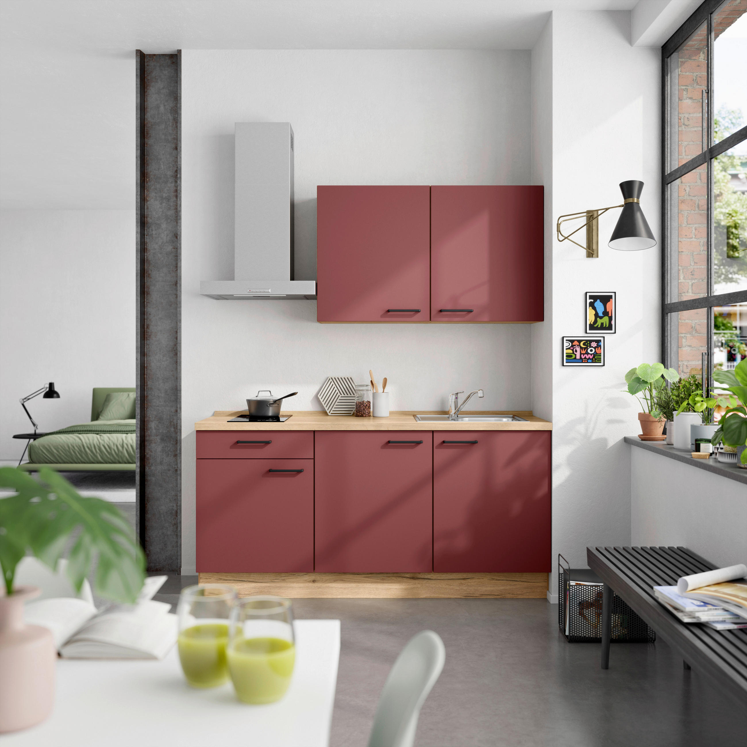 KÜCHENLEERBLOCK 180 cm   in Rot, Eichefarben  - Eichefarben/Rot, MODERN, Holzwerkstoff/Metall (180cm) - Nobilia