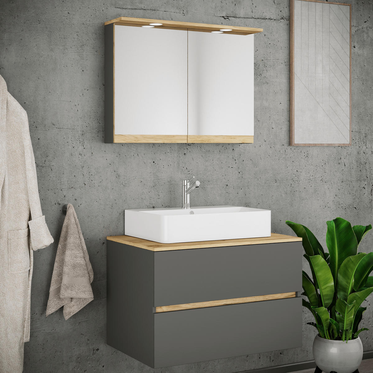 BADEZIMMER 3-teilig 80 cm  - Honigeiche/Weiss, Trend, Keramik/Holzwerkstoff (80cm) - MID.YOU