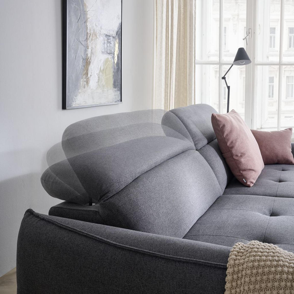 Ecksofa inkl. Funktionen MANTA Anthrazit Flachgewebe  - Anthrazit/Schwarz, Design, Textil/Metall (175/246cm) - Celina