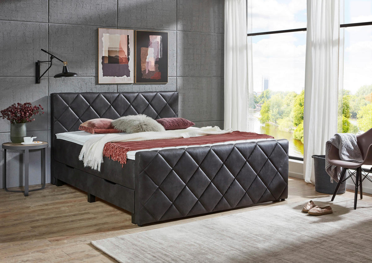 BOXSPRINGBETT 180/200 cm  in Anthrazit  - Anthrazit/Schwarz, KONVENTIONELL, Kunststoff/Textil (180/200cm) - home24