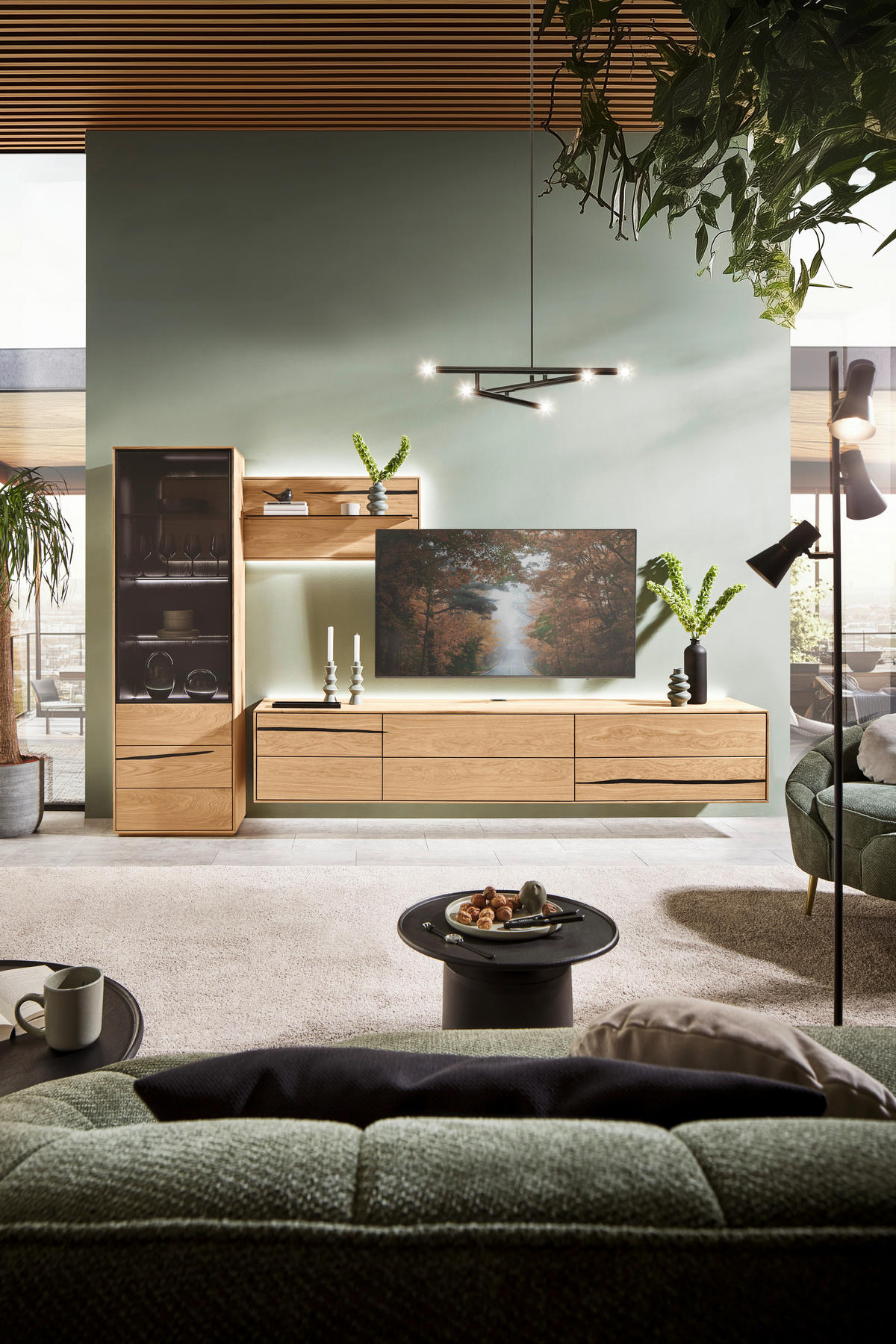 WOHNWAND  in Schwarz, Eichefarben  320/192/50 cm  - Eichefarben/Schwarz, Natur, Glas/Holz (320/192/50cm) - Waldwelt