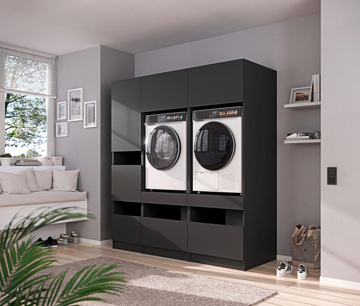 WASCHMASCHINENSCHRANK 68/200/68 cm  in Anthrazit  - Anthrazit/Schwarz, Design, Holzwerkstoff/Metall (68/200/68cm) - Milino