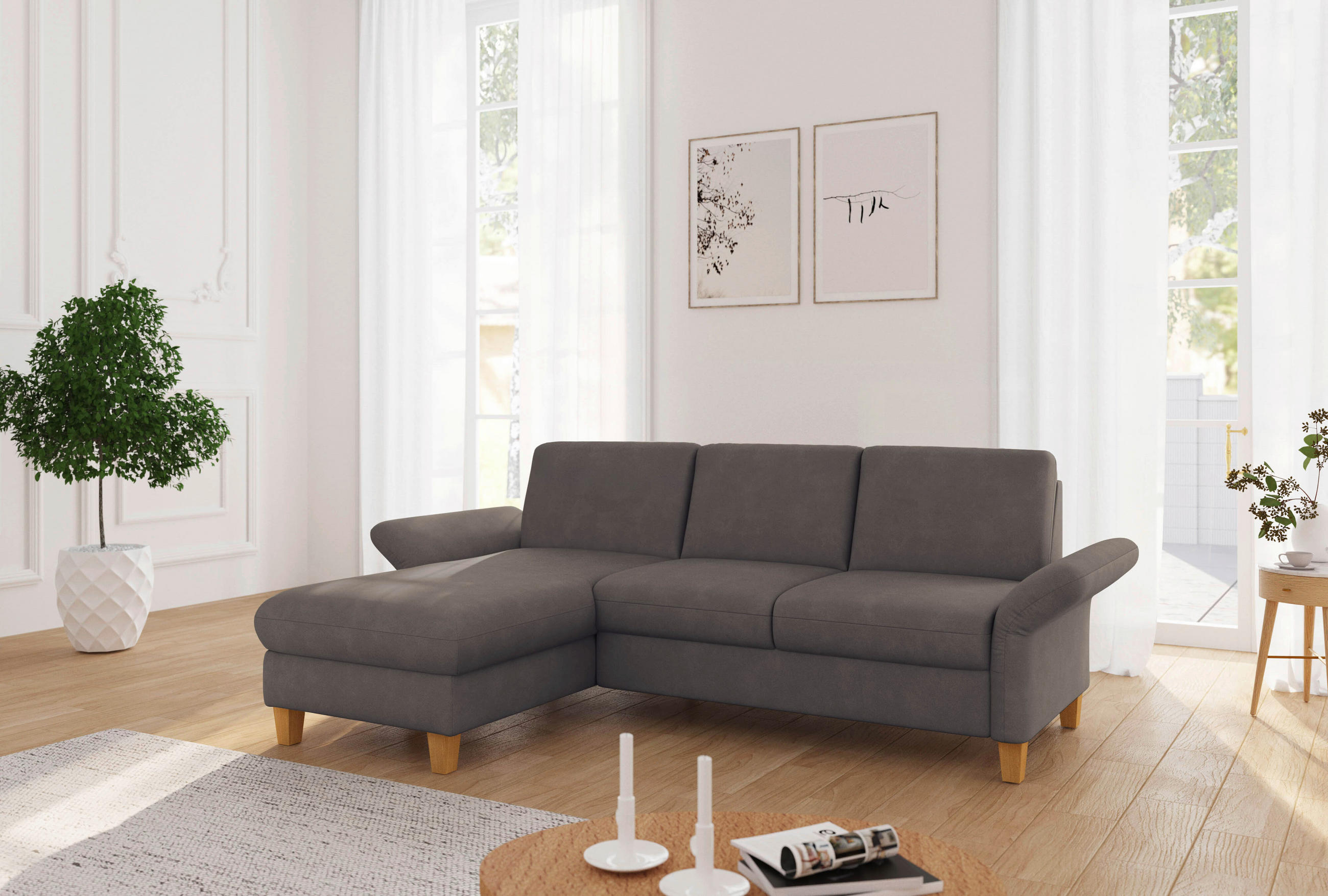 ECKSOFA ROCHELLE E Schlammfarben Flachgewebe  - Schlammfarben/Eichefarben, KONVENTIONELL, Holz/Textil (164/251cm) - Sit & More
