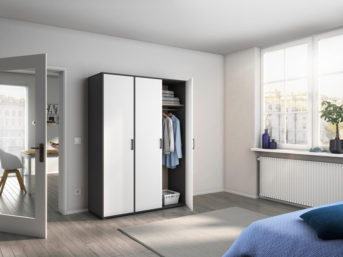 GARDEROB MED GÅNGJÄRN 140/194/53 cm 3-dörrar - vit/grå, Modern, trämaterial/plast (140/194/53cm) - Rauch Möbel