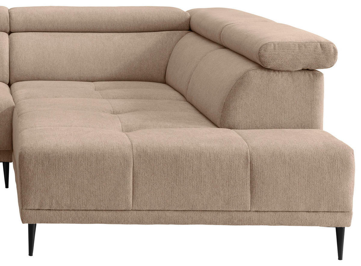 ECKSOFA INTERA Hellbraun Struktur Kopfteilverstellung, Sitzvorzug  - Hellbraun/Schwarz, KONVENTIONELL, Textil/Metall (305/225cm) - Livetastic
