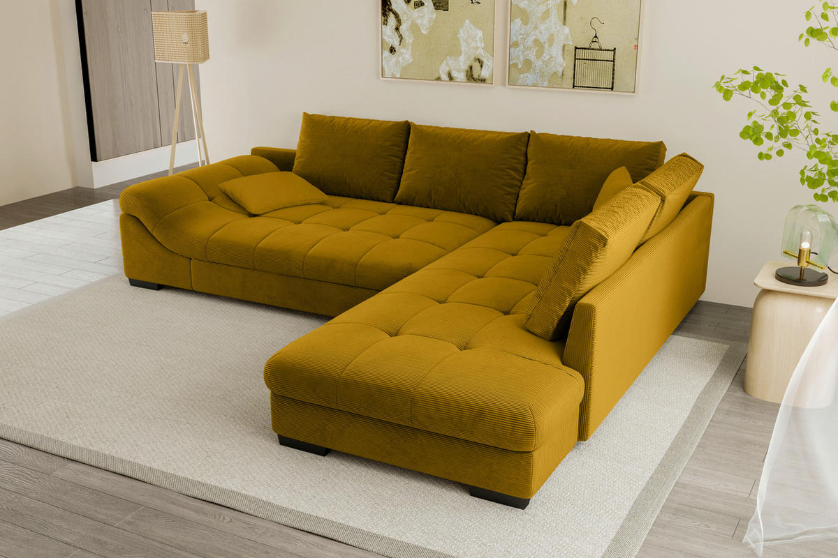 ECKSOFA in Cord Currygelb  - Currygelb/Schwarz, Konventionell, Holz/Textil (298/202cm) - MID.YOU