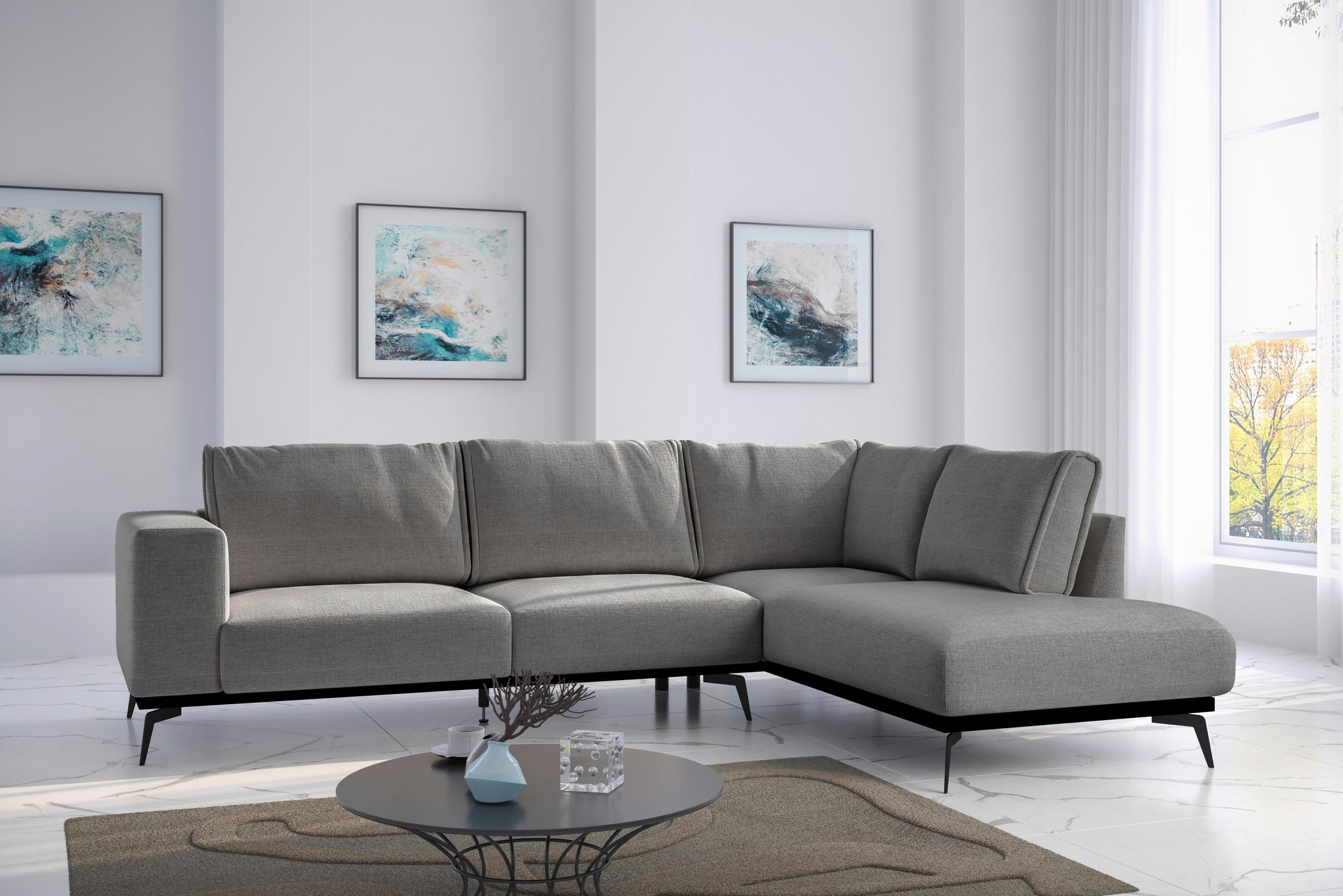 ECKSOFA Dunkelgrau beflockt  - Dunkelgrau/Schwarz, Design, Holz/Textil (293/200cm) - MID.YOU