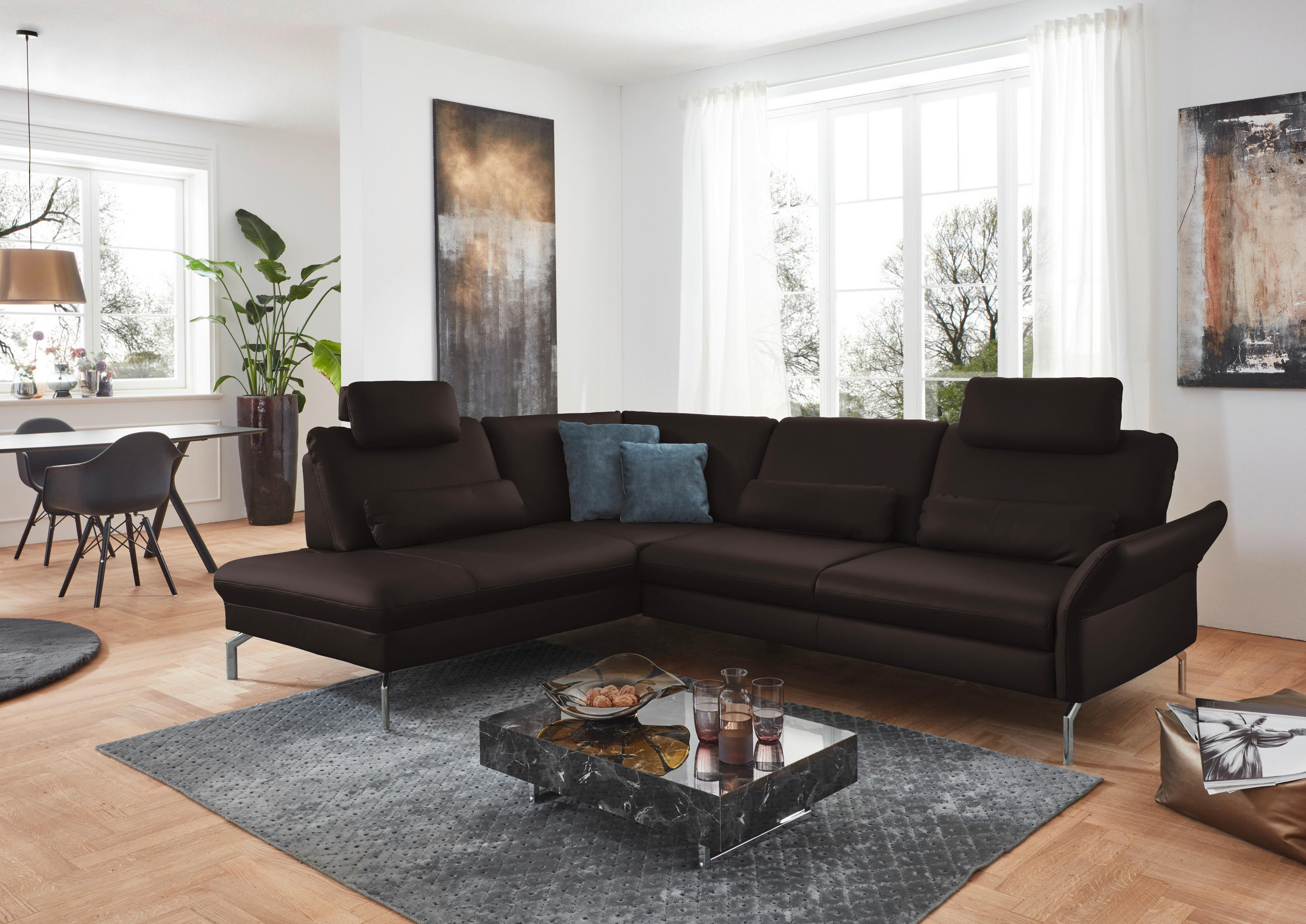 ECKSOFA in Echtleder Dunkelbraun  - Dunkelbraun/Alufarben, Konventionell, Leder/Metall (220/284cm) - Beldomo Premium