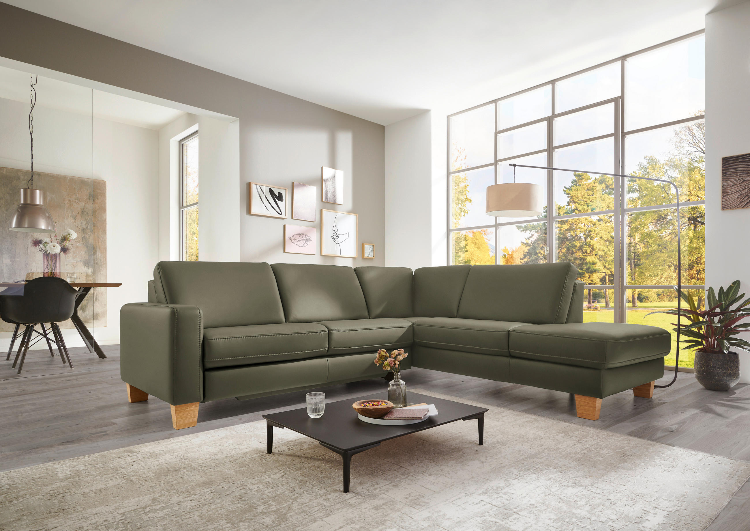 ECKSOFA in Echtleder Grau, Grün  - Eiche Bianco/Grau, Natur, Leder/Holz (257/235cm) - Valdera