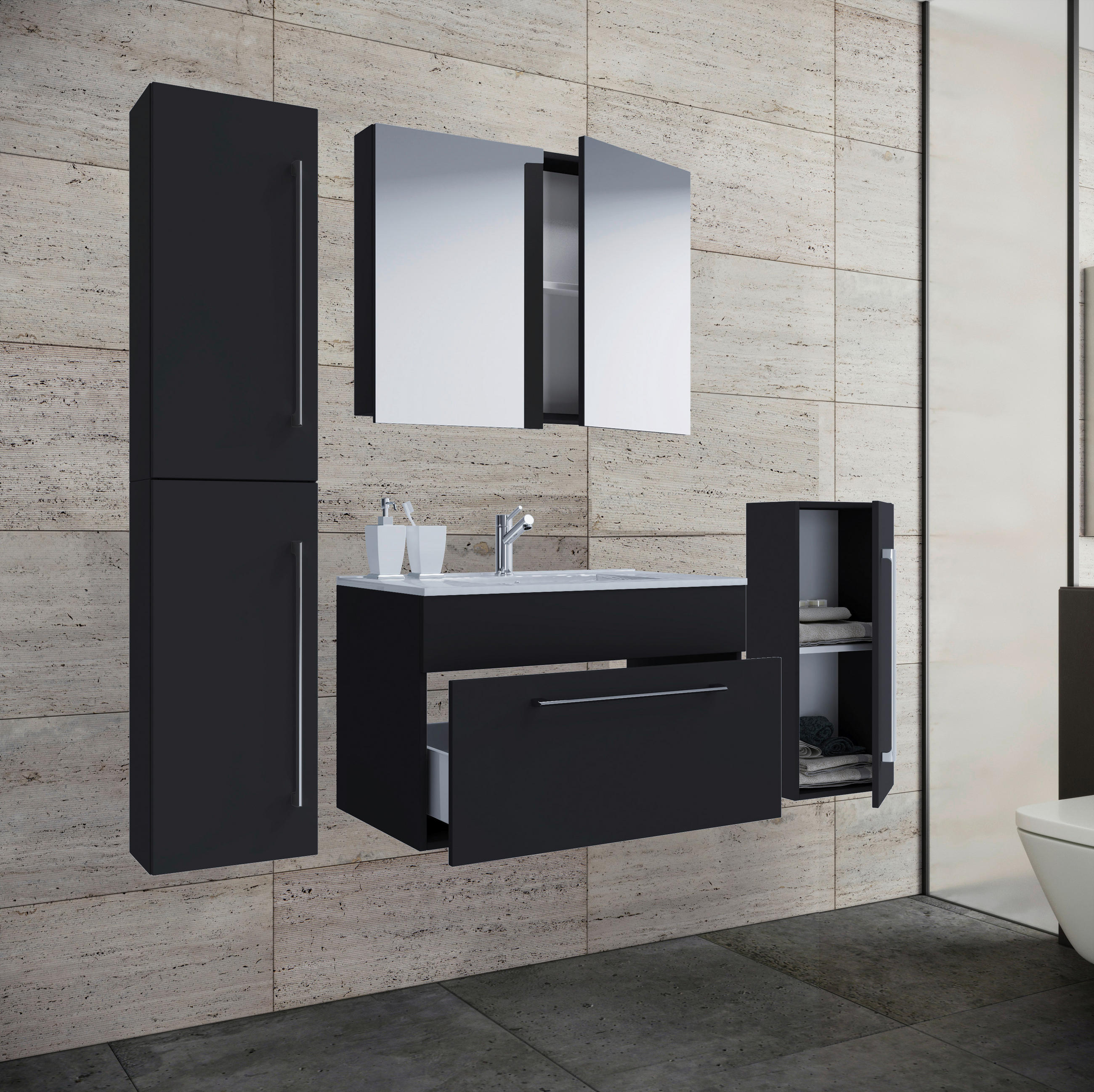 BADEZIMMER 5-teilig  in 126 cm  - Alufarben/Schwarz, MODERN, Keramik/Holzwerkstoff (126cm) - MID.YOU