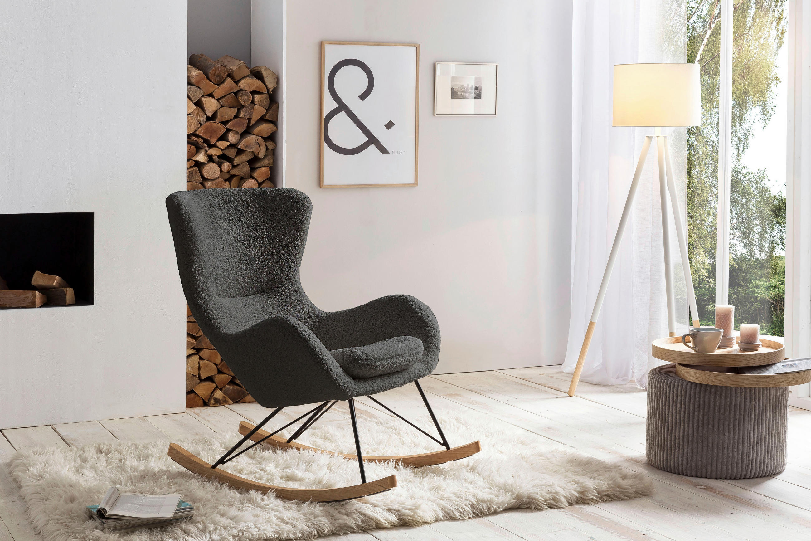 SCHAUKELSTUHL in Teddystoff Dunkelgrau  - Dunkelgrau/Eichefarben, MODERN, Holz/Textil (75/106/102cm) - Livetastic