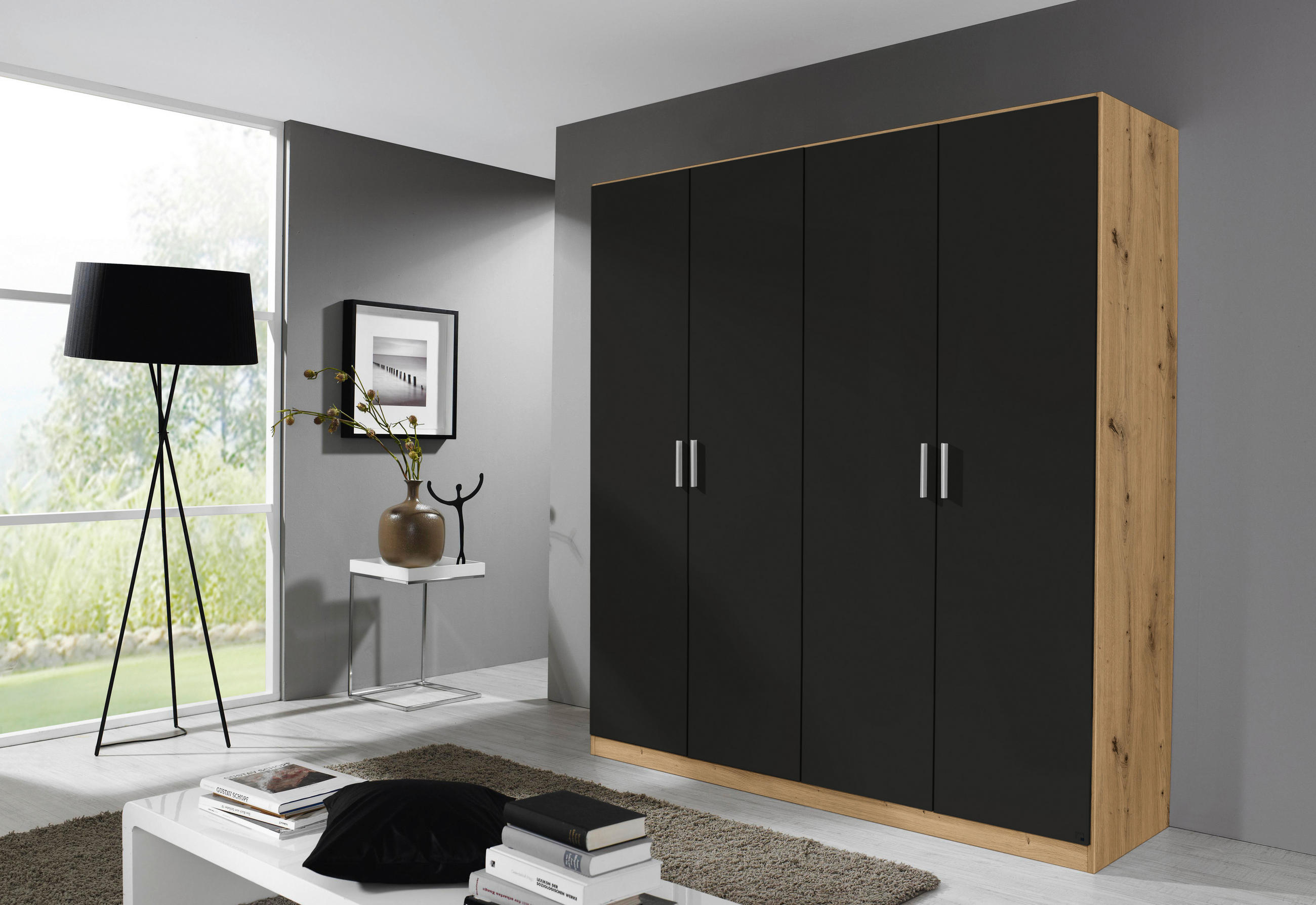 DREHTÜRENSCHRANK in Eiche Artisan, Grau  - Chromfarben/Eiche Artisan, Modern, Holzwerkstoff/Kunststoff (181/210/54cm) - Rauch Möbel