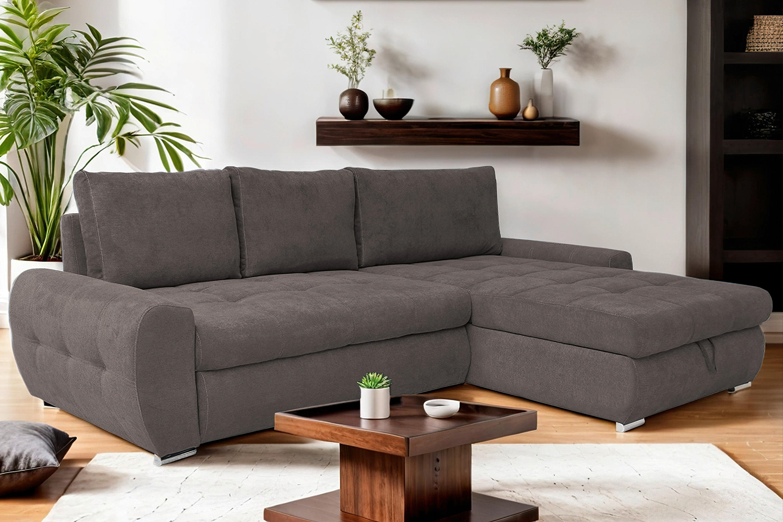 ECKSCHLAFSOFA Velours Braun  - Chromfarben/Braun, Design, Kunststoff/Textil (277/175cm) - Livetastic
