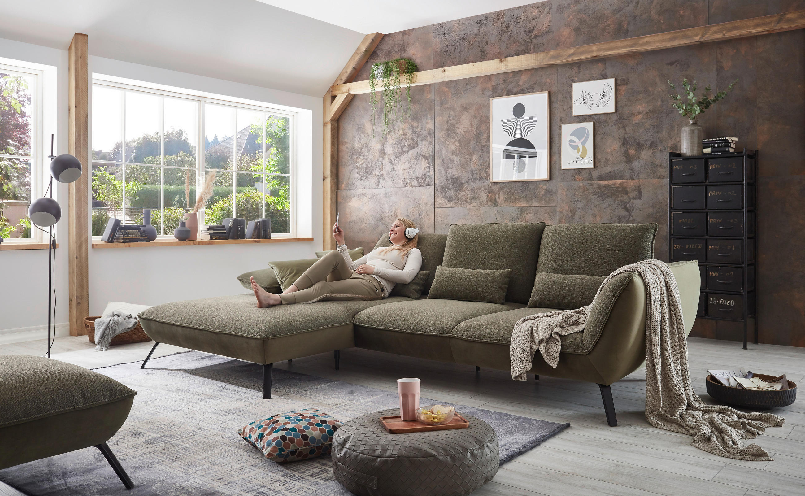 ECKSOFA Olivgrün Flachgewebe - Schwarz/Olivgrün, Design, Textil/Metall (191/301cm) - Moderano