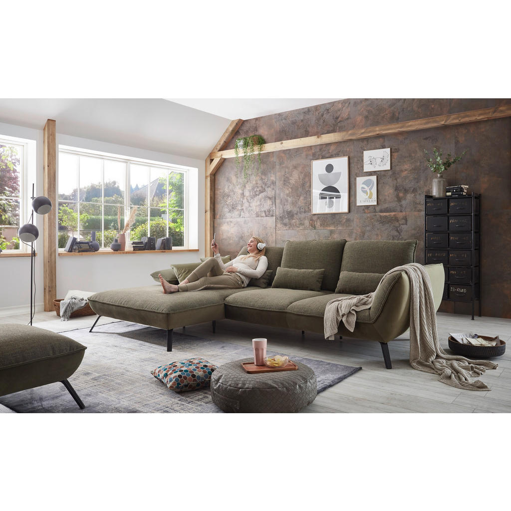 Thumbnail - Moderano Ecksofa, Olivgrün, Textil, 3,5-Sitzer, Ottomane links, L-Form, 301x191 cm, Typenauswahl, Fußauswahl, Lederauswa...