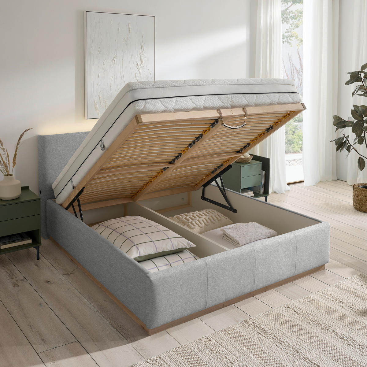 POLSTERBETT Beleuchtung, Lattenrost, Bettkasten Grau 160/200 cm  - Birkefarben/Grau, Design, Holz/Holzwerkstoff (160/200cm) - Lomoco