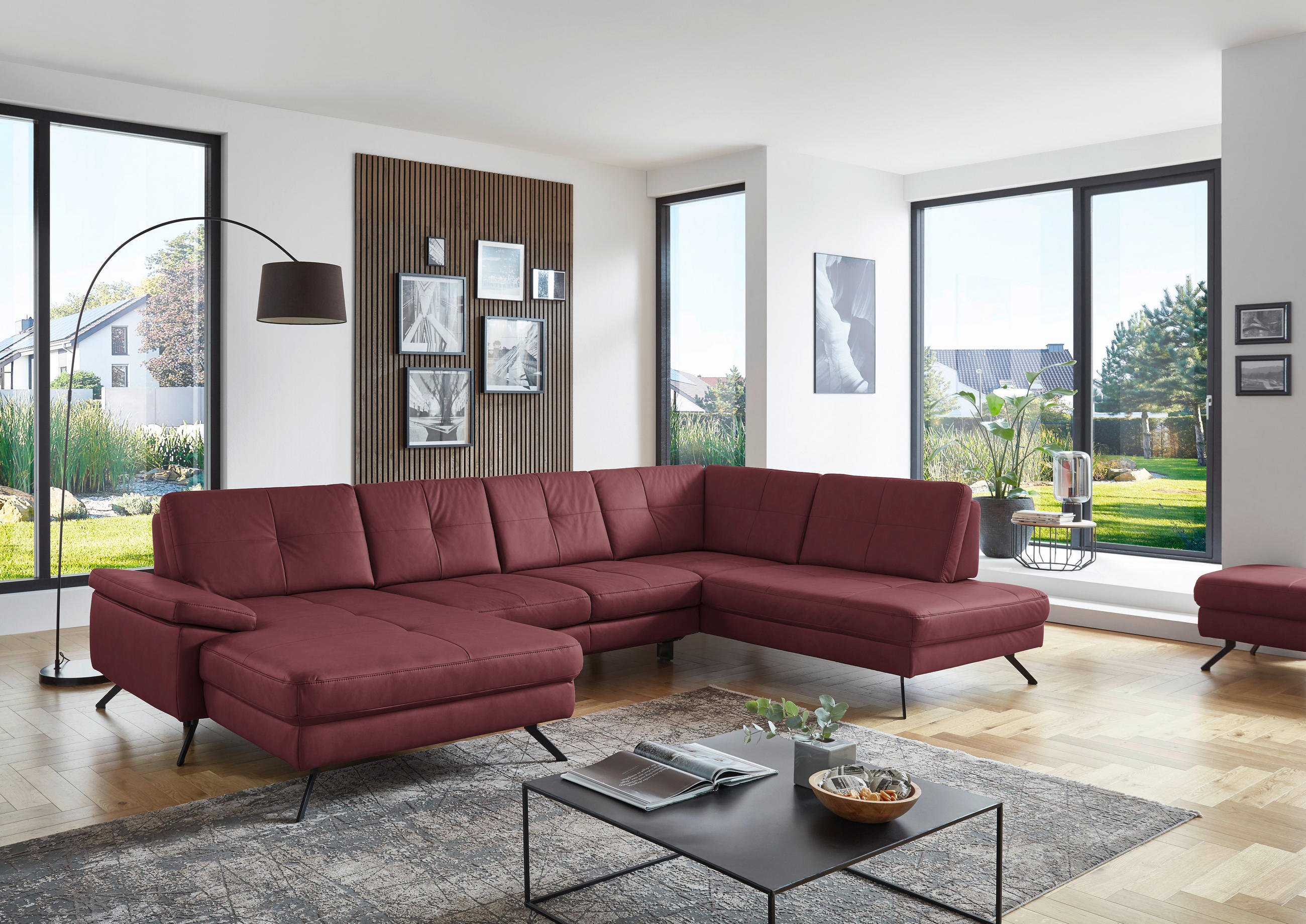 WOHNLANDSCHAFT in Lederlook, Mikrofaser Bordeaux  - Bordeaux/Schwarz, Design, Textil/Metall (179/343/220cm) - Beldomo System