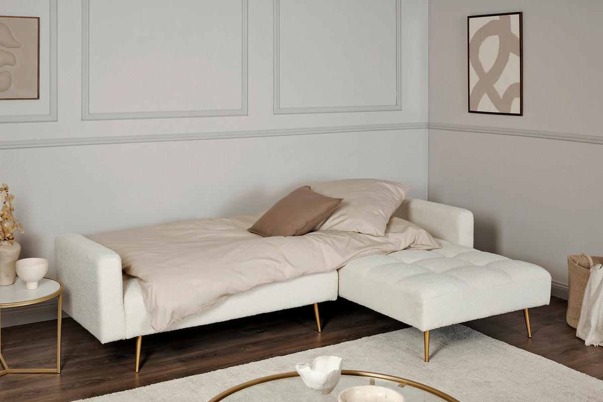 ECKSCHLAFSOFA CHILLAX POSH CORNER EU Elfenbein Bouclé  - Elfenbein/Goldfarben, MODERN, Holz/Textil (244/150cm) - Livetastic