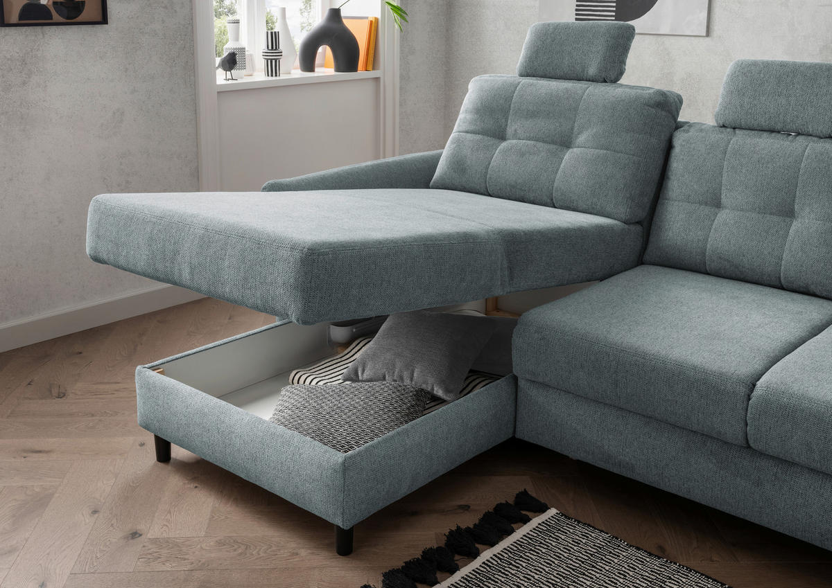 ECKSOFA in Chenille Blau  - Mintgrau/Blau, Modern, Holz/Textil (176/250-280cm) - Livetastic