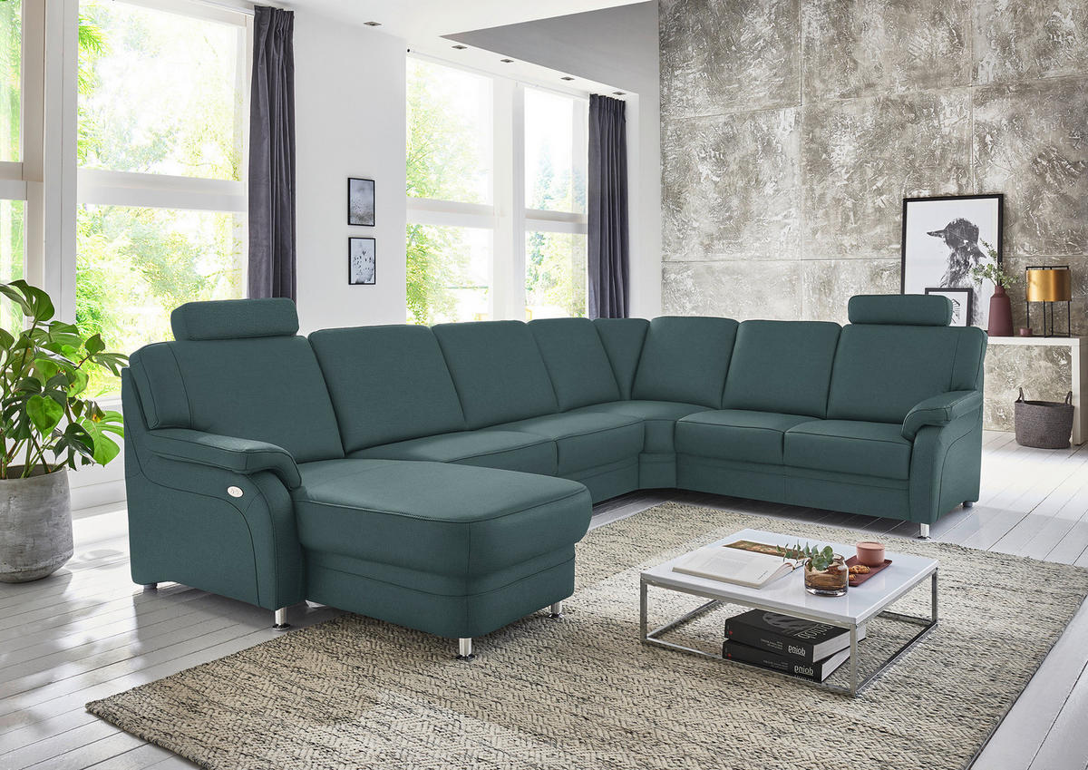 WOHNLANDSCHAFT Echtleder Graublau  - Graublau/Alufarben, Konventionell, Leder/Metall (165/329/239cm) - Beldomo Premium
