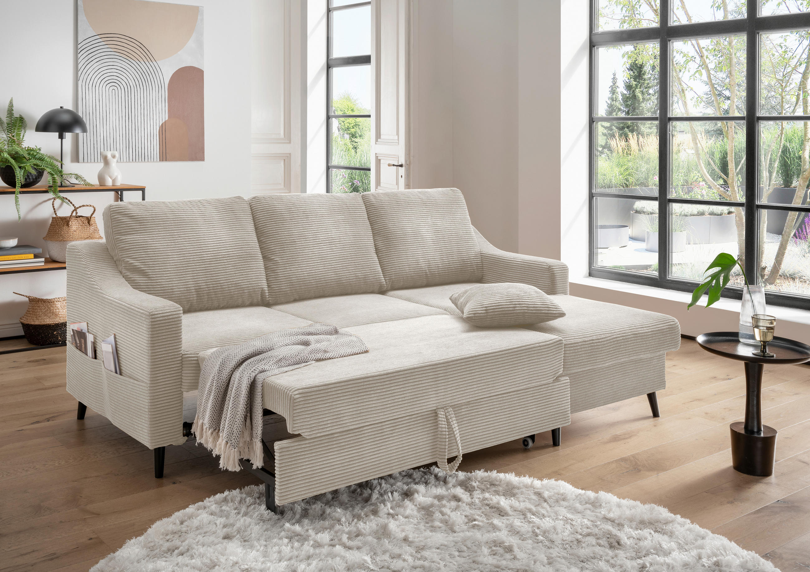 ECKSOFA Beige Cord  - Beige/Schwarz, Design, Holz/Textil (228/150cm) - P & B