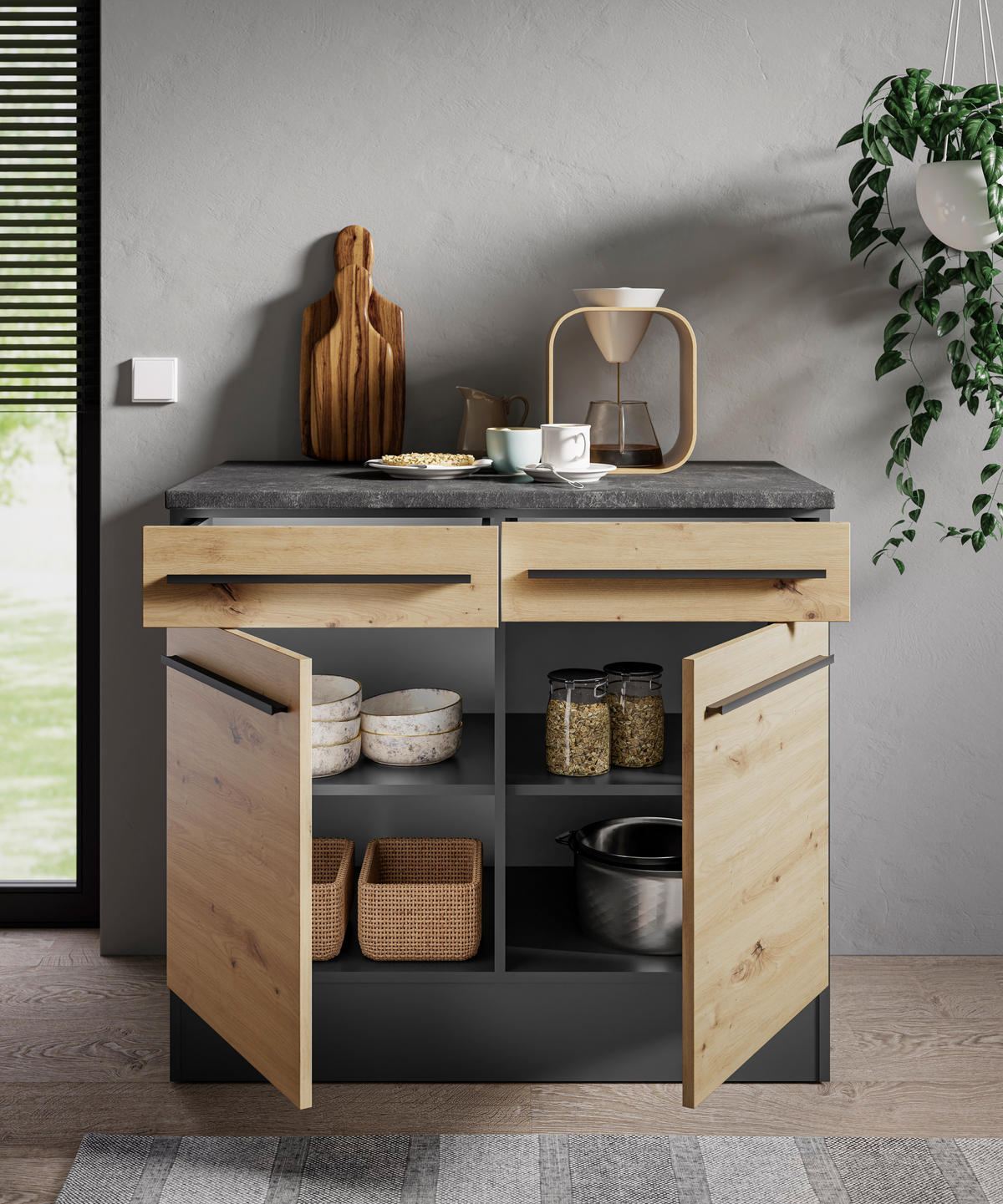 KÜCHENUNTERSCHRANK 100/90/60 cm  in Anthrazit, Eiche Artisan  - Anthrazit/Schwarz, Design, Holzwerkstoff (100/90/60cm) - MID.YOU