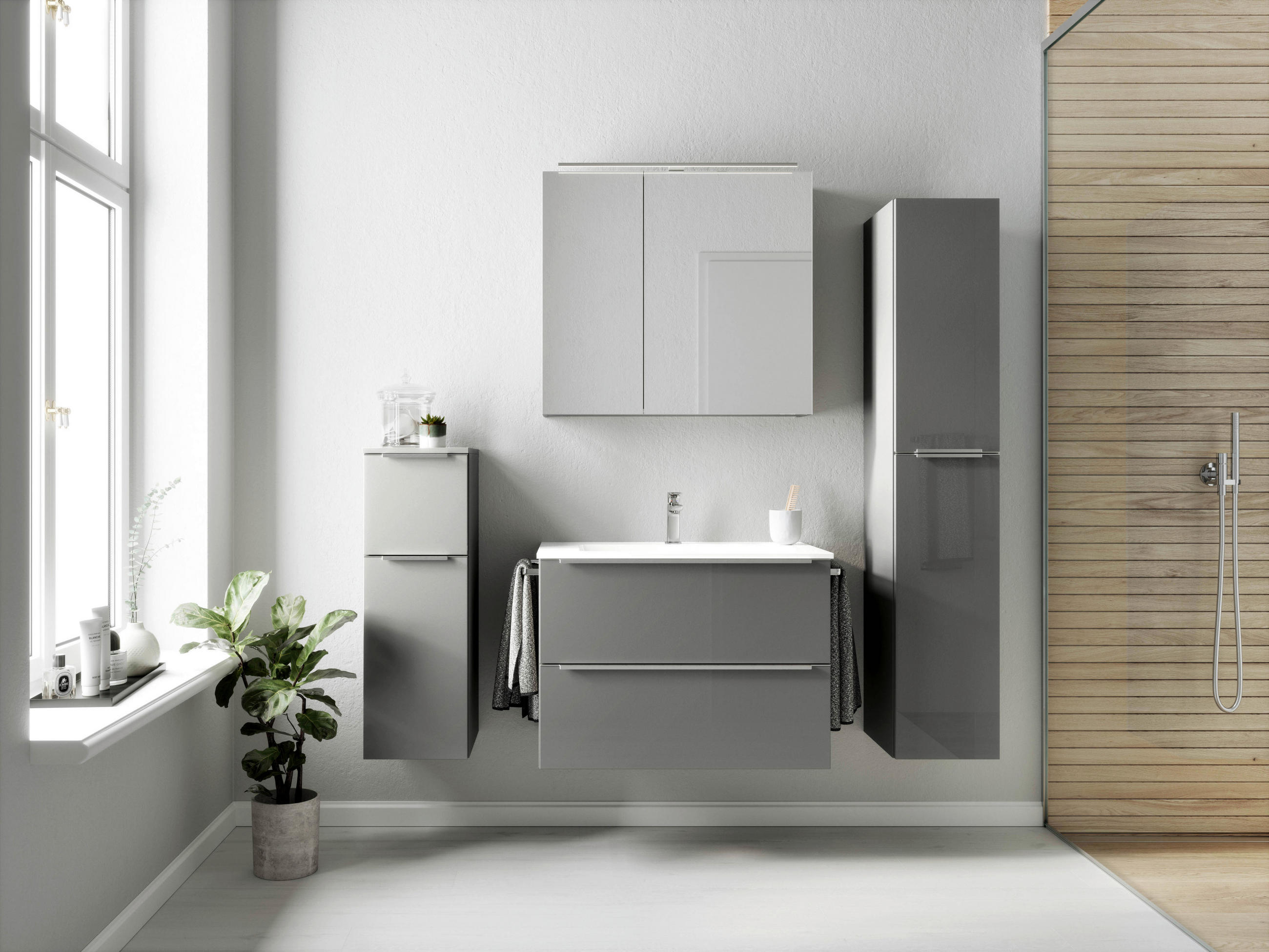 BADEZIMMER 5-teilig  in 141 cm  - Schieferfarben/Edelstahlfarben, MODERN, Holzwerkstoff/Stein (141cm) - Nobilia