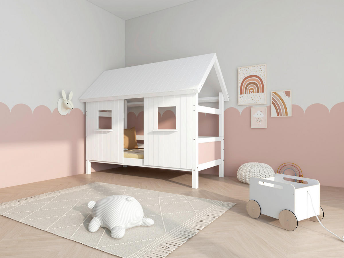HAUSBETT 90/200 cm,  in Rosa, Weiß, Rollrost  - Rosa/Weiß, MODERN, Holz (90/200cm) - Chameo