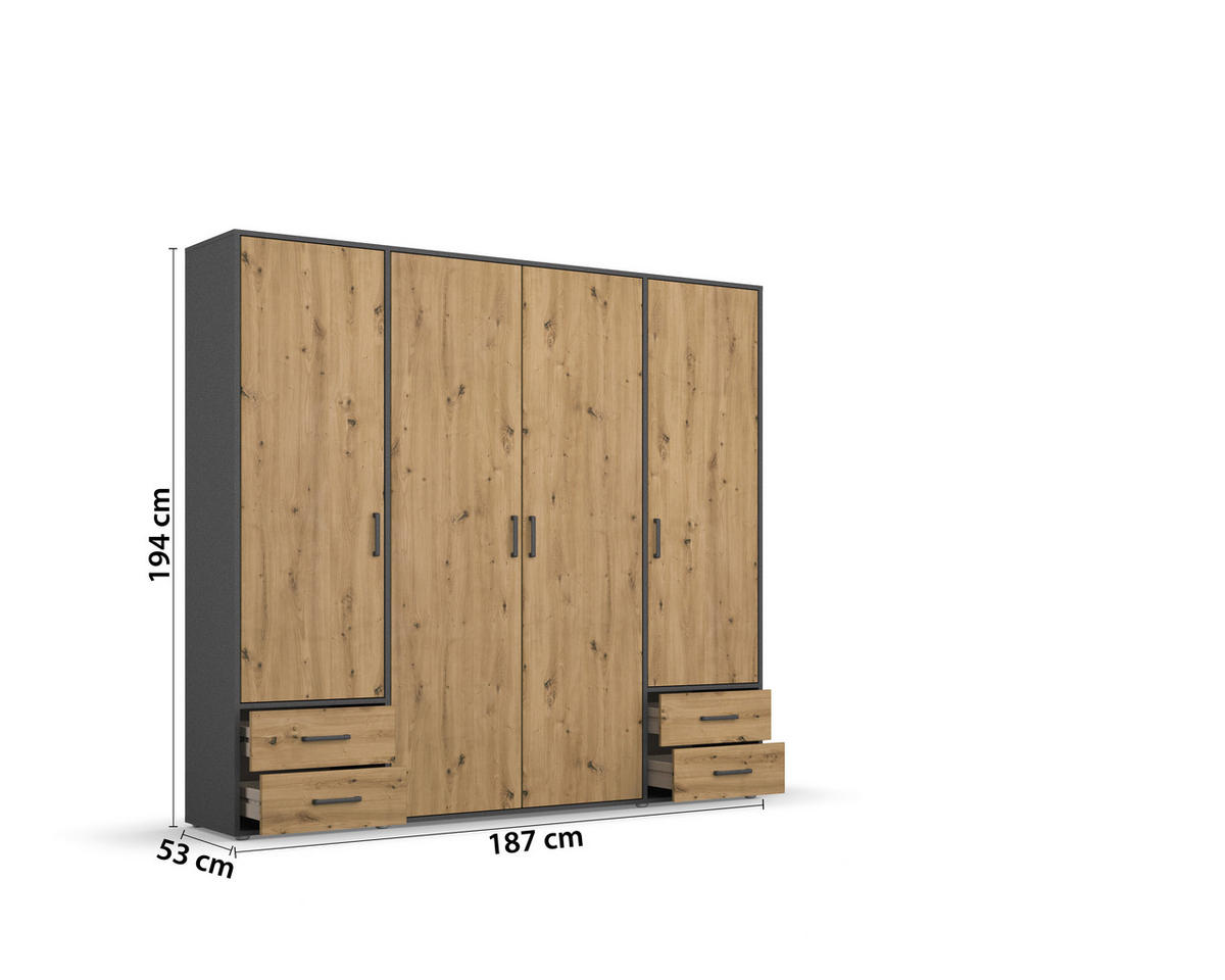 DREHTÜRENSCHRANK 187/194/53 cm 4-türig Grau, Eiche Artisan  - Eiche Artisan/Grau, MODERN, Holzwerkstoff/Kunststoff (187/194/53cm) - Rauch Möbel