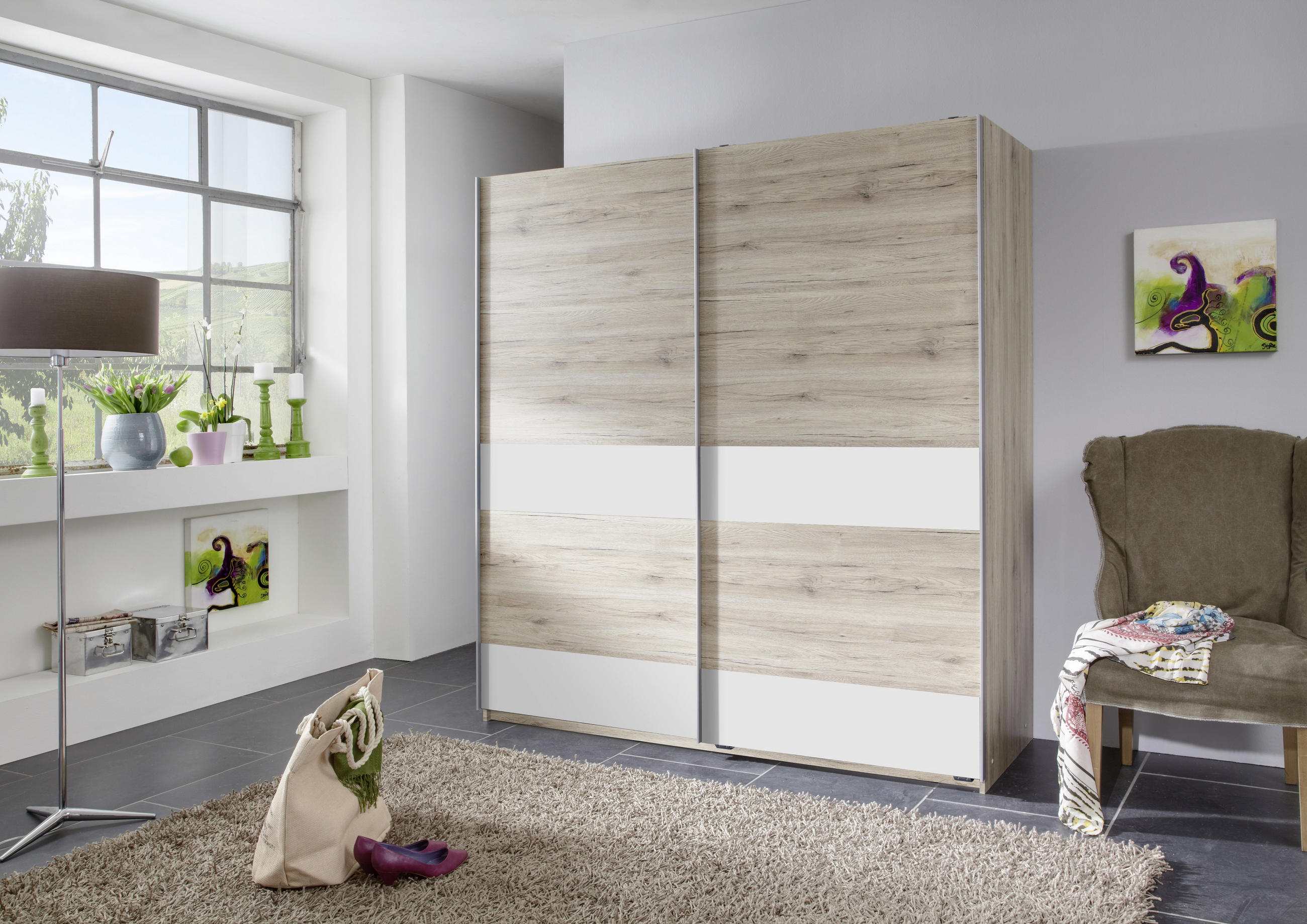 SCHWEBETÜRENSCHRANK in Weiss, Eichefarben - Weiss/Eichefarben, Design, Holzwerkstoff/Metall (135/198/64cm) - MID.YOU