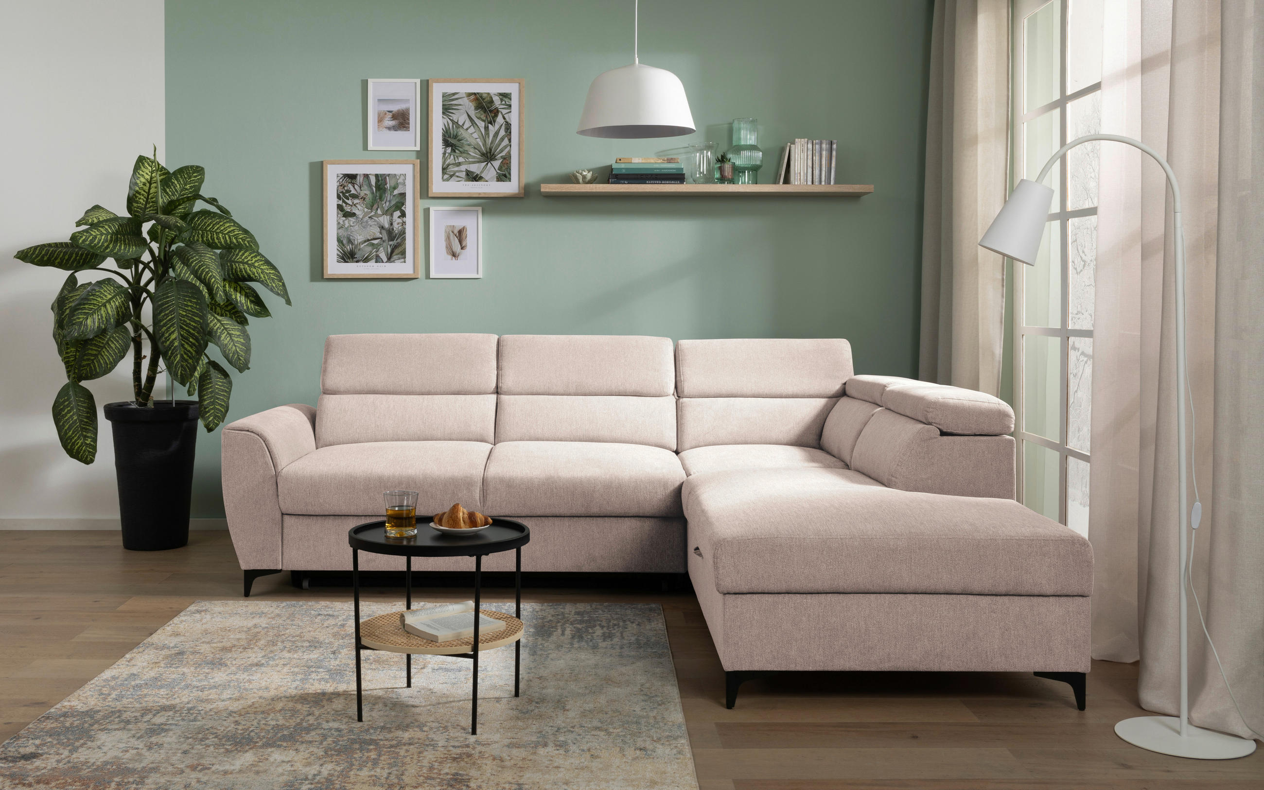 ECKSOFA in Velours Creme  - Creme/Schwarz, Konventionell, Textil/Metall (255/217cm) - MID.YOU