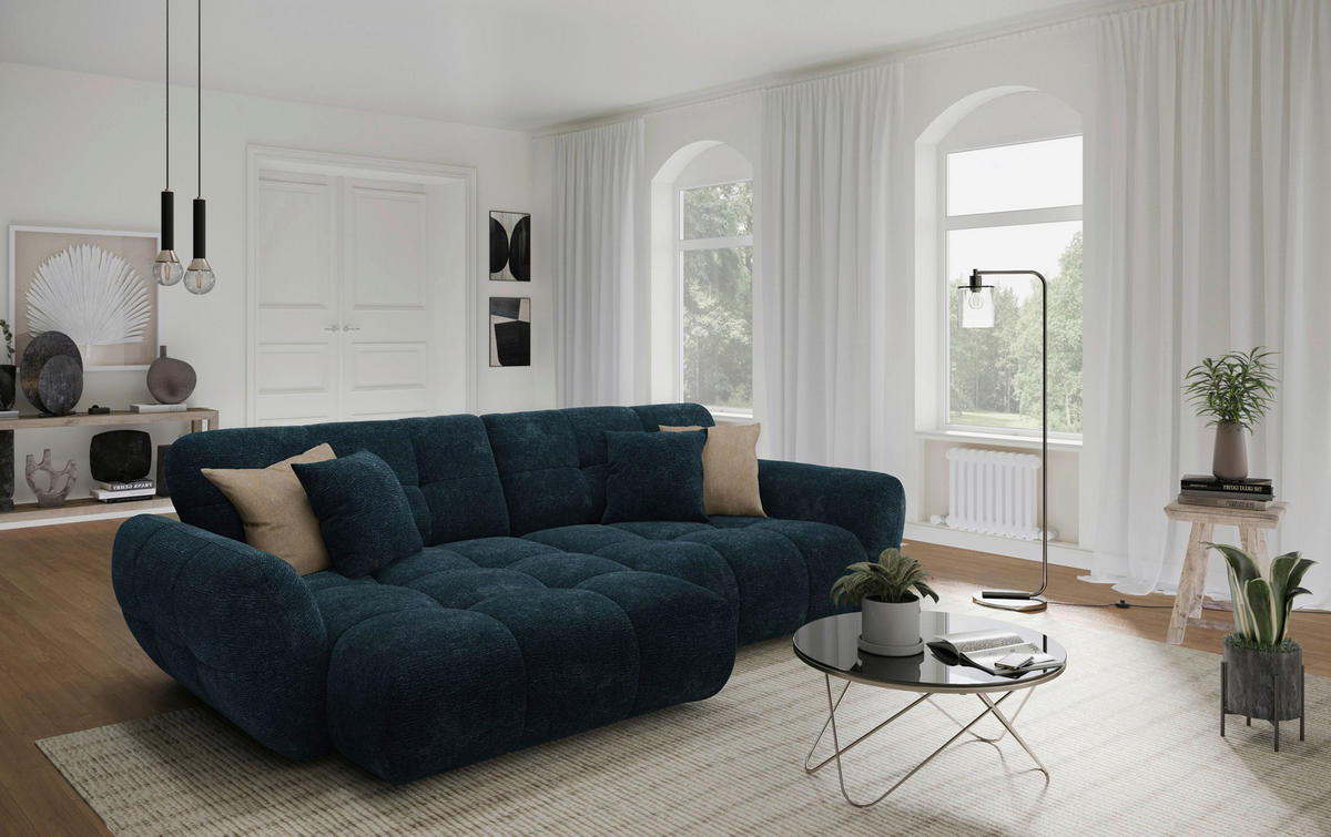 ECKSOFA NIVO Dunkelblau Chenille Rücken echt  - Schwarz/Dunkelblau, MODERN, Kunststoff/Textil (175/312cm) - Livetastic