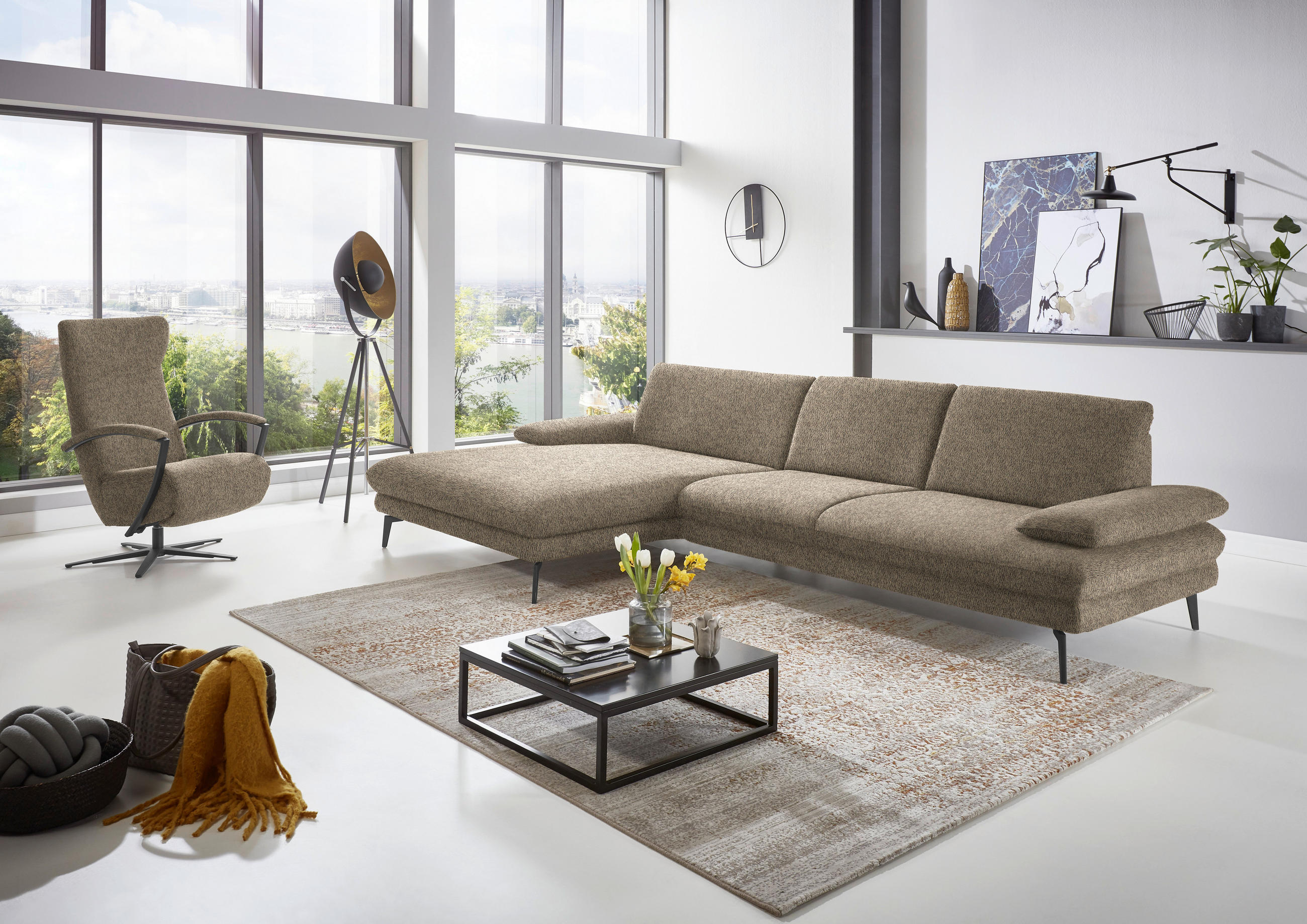 ECKSOFA in Chenille Braun, Grün  - Schwarz/Braun, Design, Textil/Metall (180/310cm) - Dieter Knoll