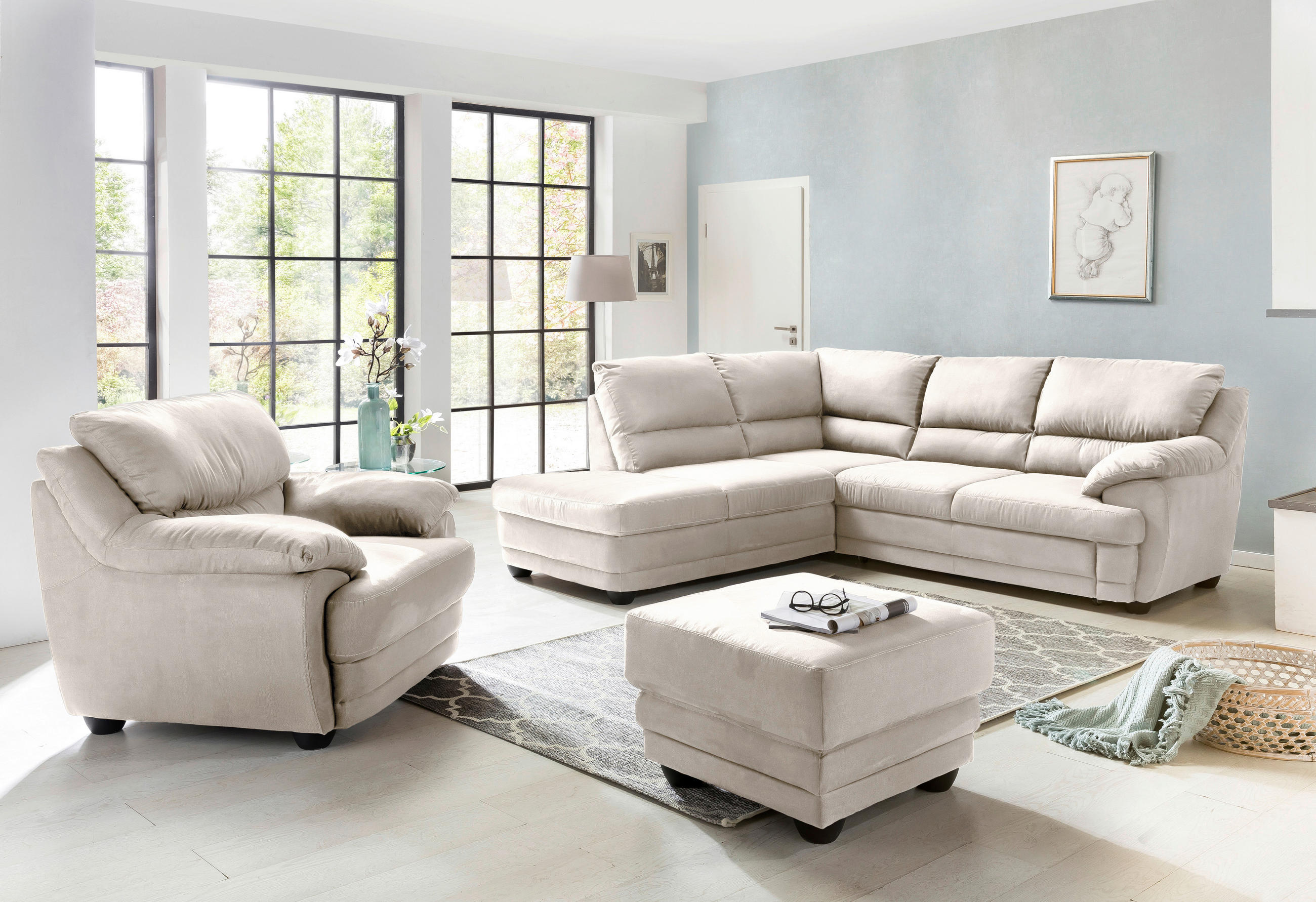 ECKSOFA in Mikrofaser Sandfarben  225/245 cm  - Sandfarben/Schwarz, Design, Kunststoff/Textil (225/245cm) - Livetastic