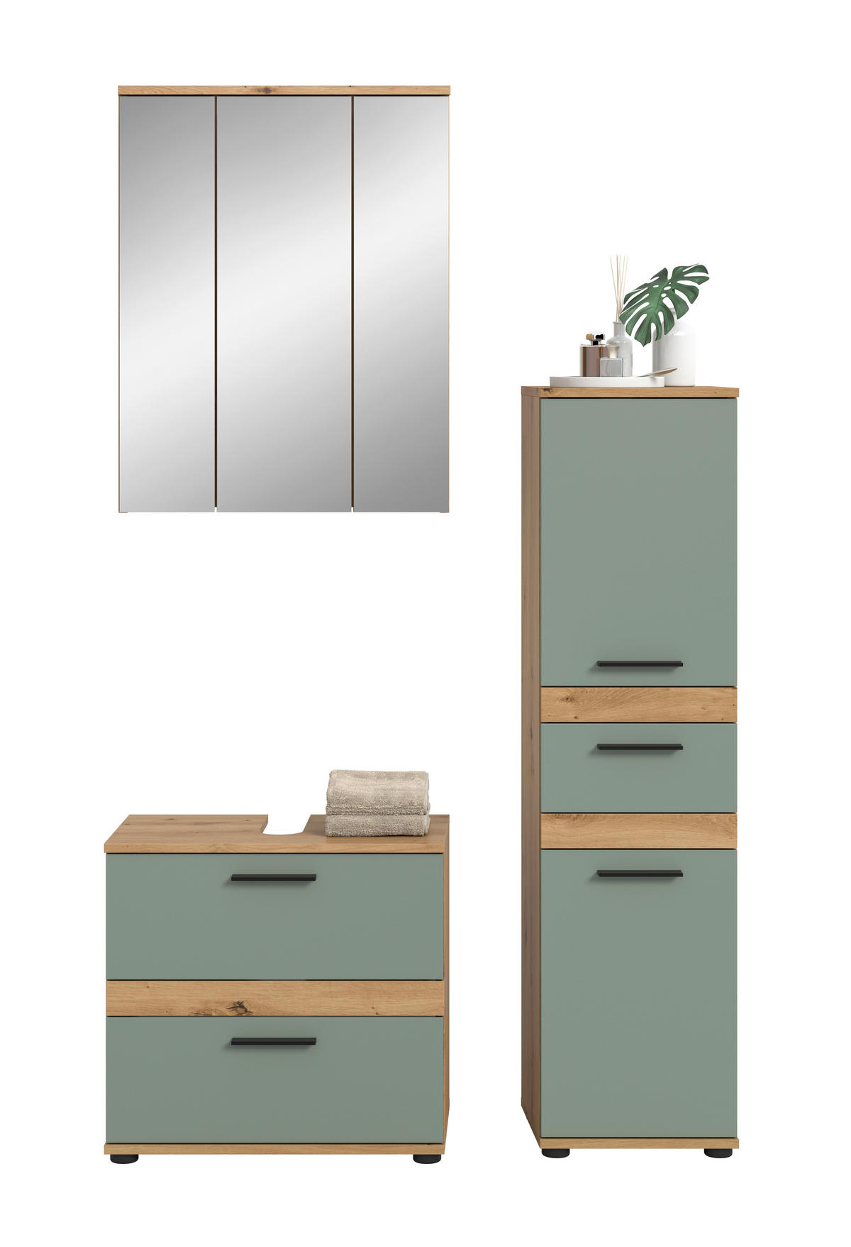 BADEZIMMER 3-teilig  in 110 cm  - Salbeigrün/Schwarz, Trend, Glas/Holzwerkstoff (110cm) - MID.YOU