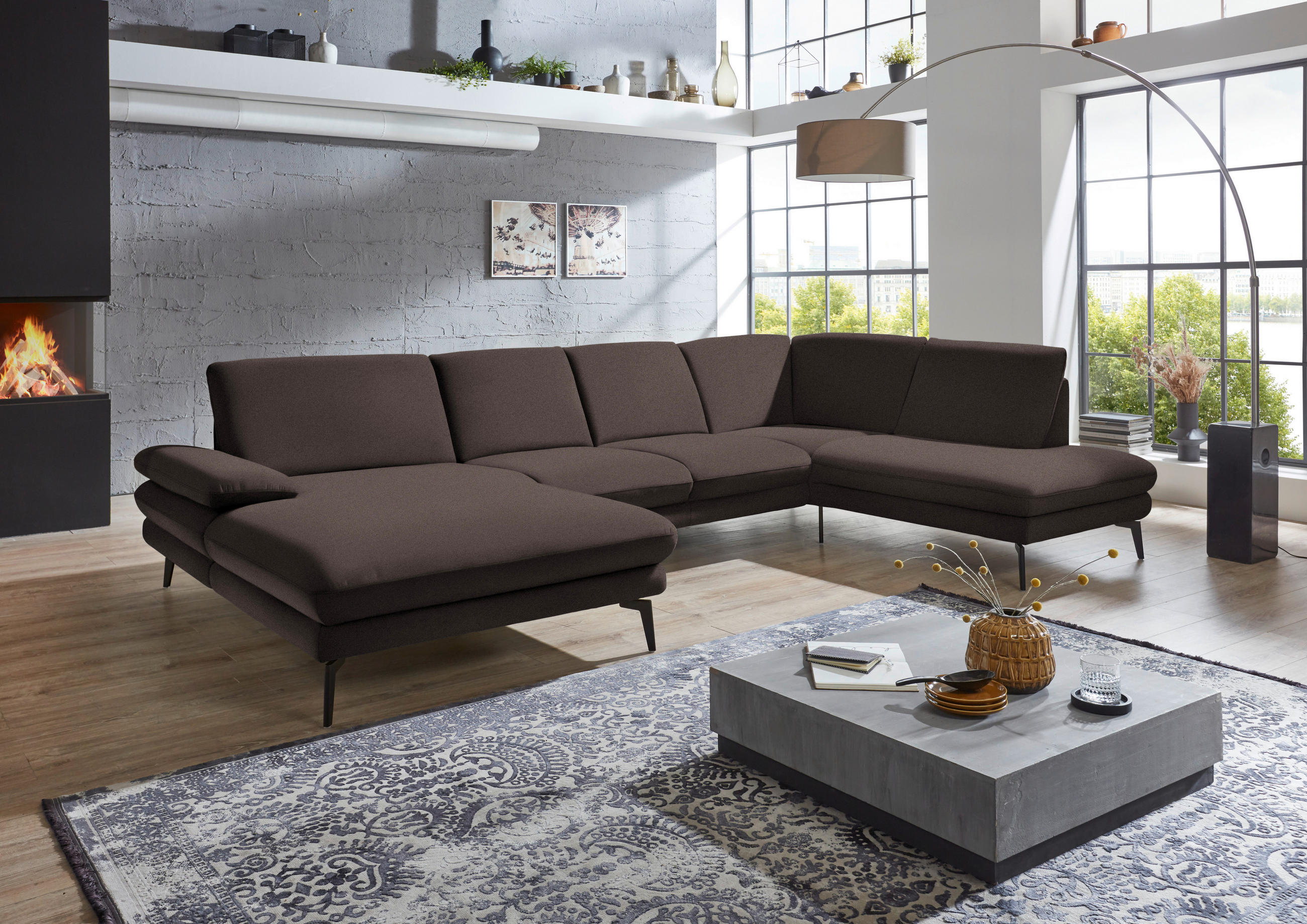 WOHNLANDSCHAFT Dunkelbraun Webstoff  - Dunkelbraun/Schwarz, Design, Textil/Metall (180/344/208cm) - Dieter Knoll
