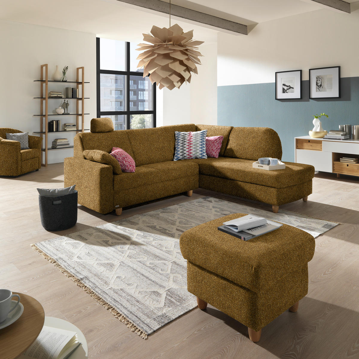 ECKSOFA  in Mikrovelours Senfgelb  227/208 cm  - Eichefarben/Rot, KONVENTIONELL, Holz/Textil (227/208cm) - Sedda