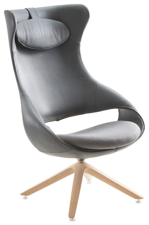 OHRENSESSEL Kombination Echtleder/Stoff Anthrazit, Grau  - Eichefarben/Anthrazit, KONVENTIONELL, Leder/Holz (78/123/83cm) - Voglauer